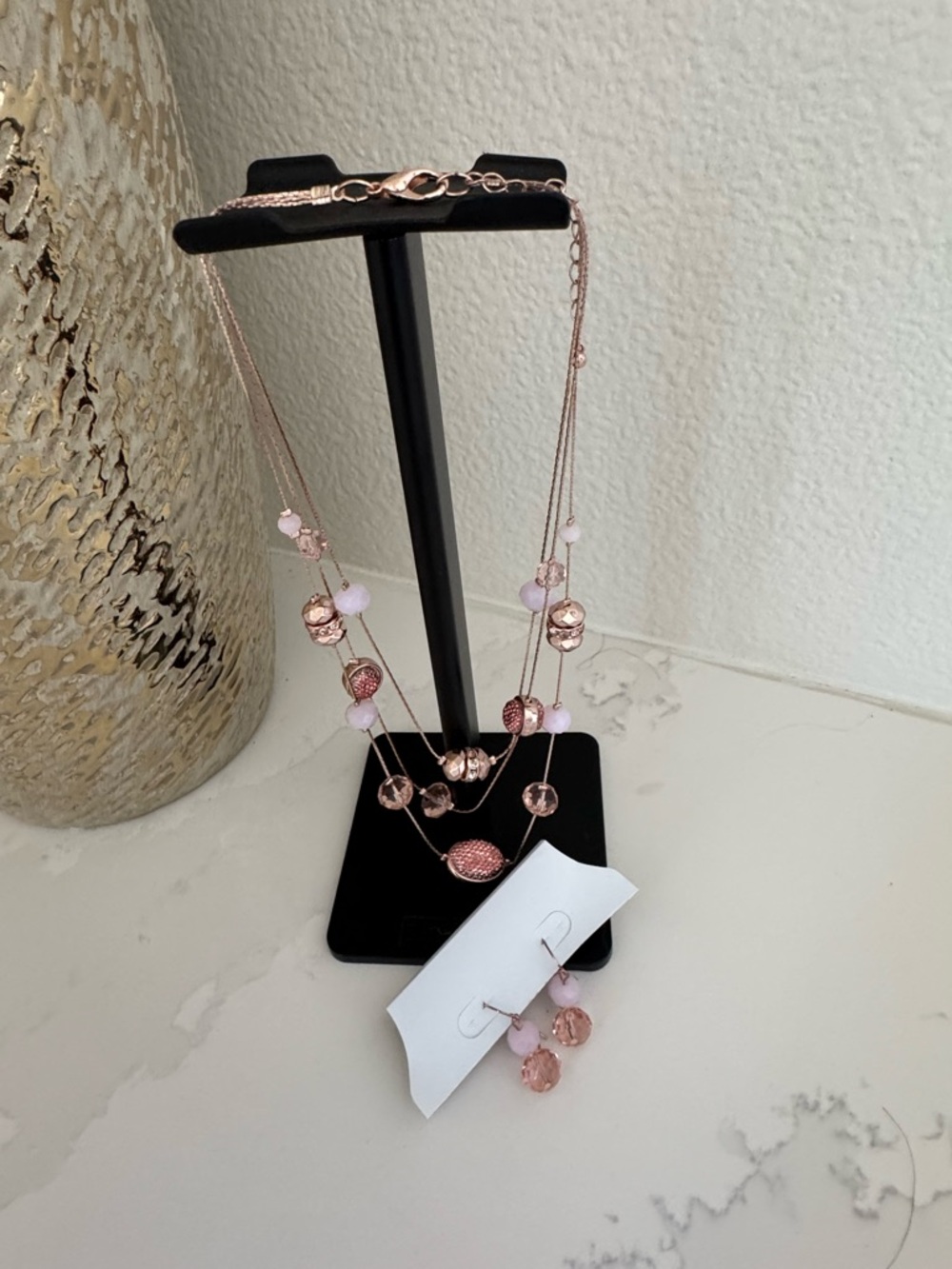NYC Rose Gold and Pink Beaded Layered Necklace and Earrings Set.  NEW